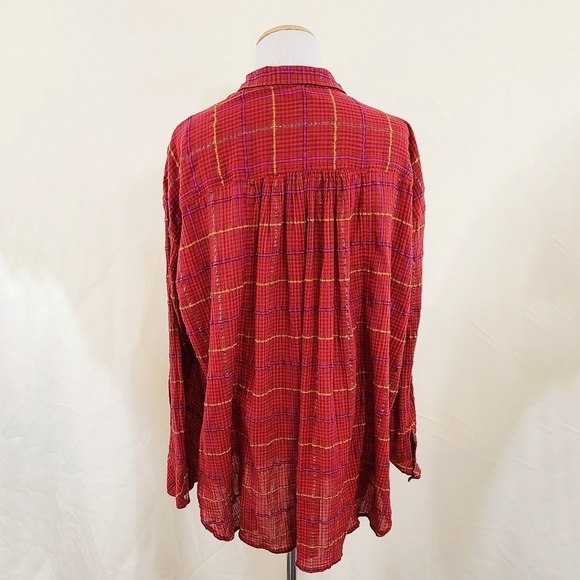 Free People Break My Stride red plaid shirt button down oversized medium - Picture 4 of 9